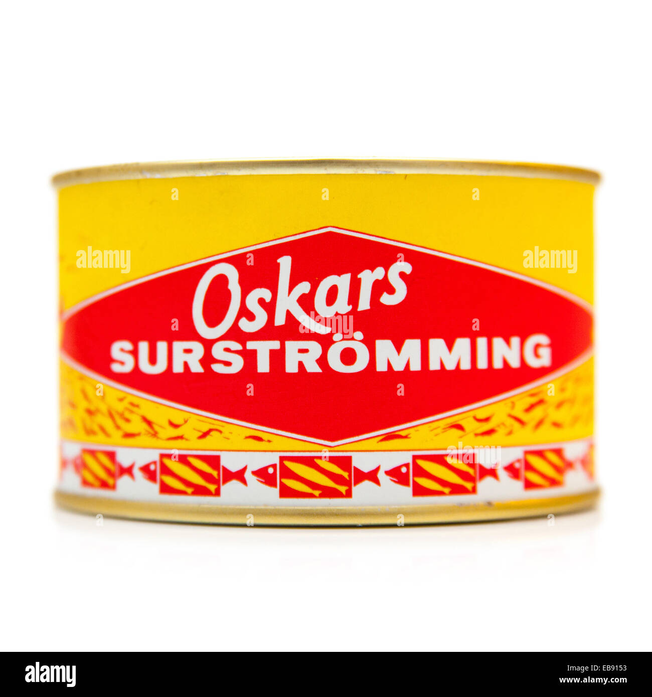 Can of Surströmming is fermented Baltic sea herring often described as the worst smelling food in the world. Stock Photo