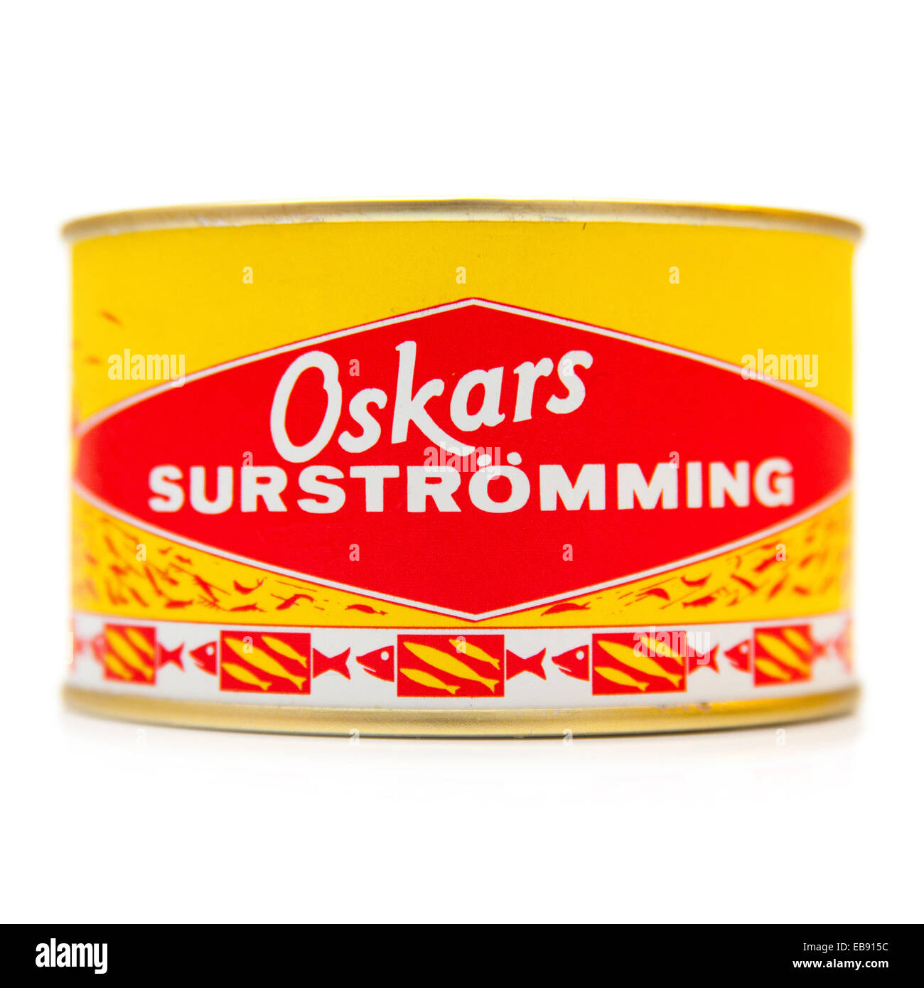 Can of Surströmming is fermented Baltic sea herring often described as the worst smelling food in the world. Stock Photo