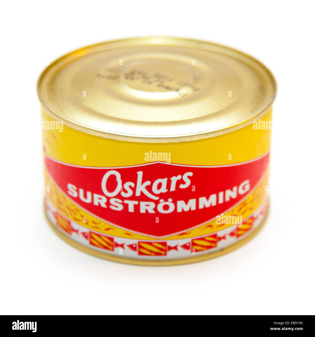 Can of Surströmming is fermented Baltic sea herring often described as the worst smelling food in the world. Stock Photo