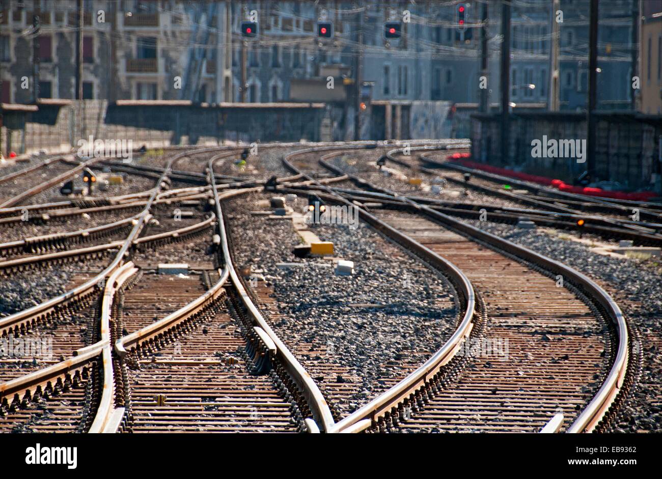 Railroad tracks, Cornavin main railway station in Geneva, buildings