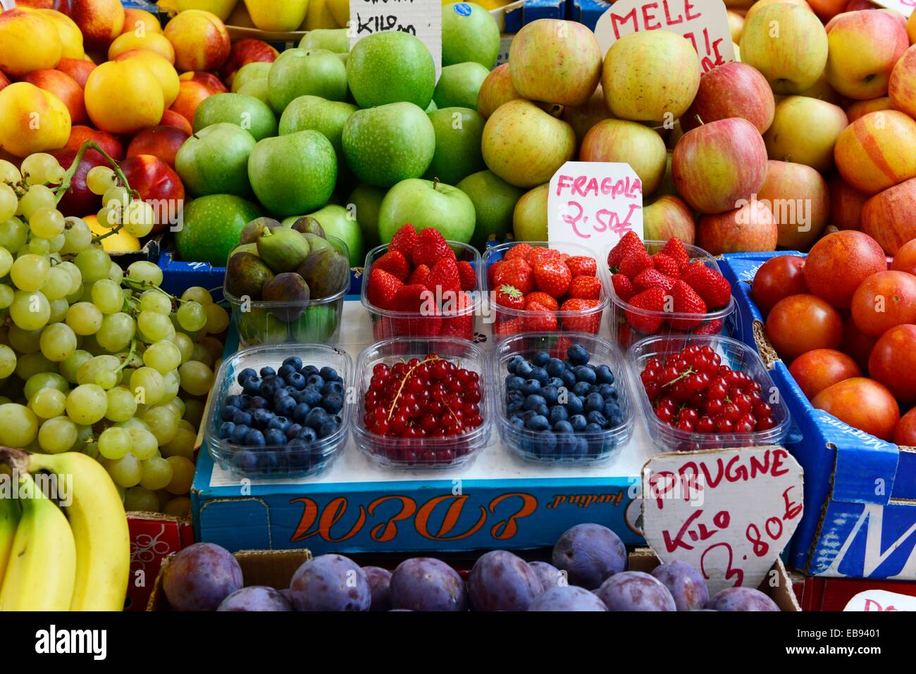 A colorful array of fruits and vegetable displayed for sale at the market in Venice,Italy,Europe Stock Photo