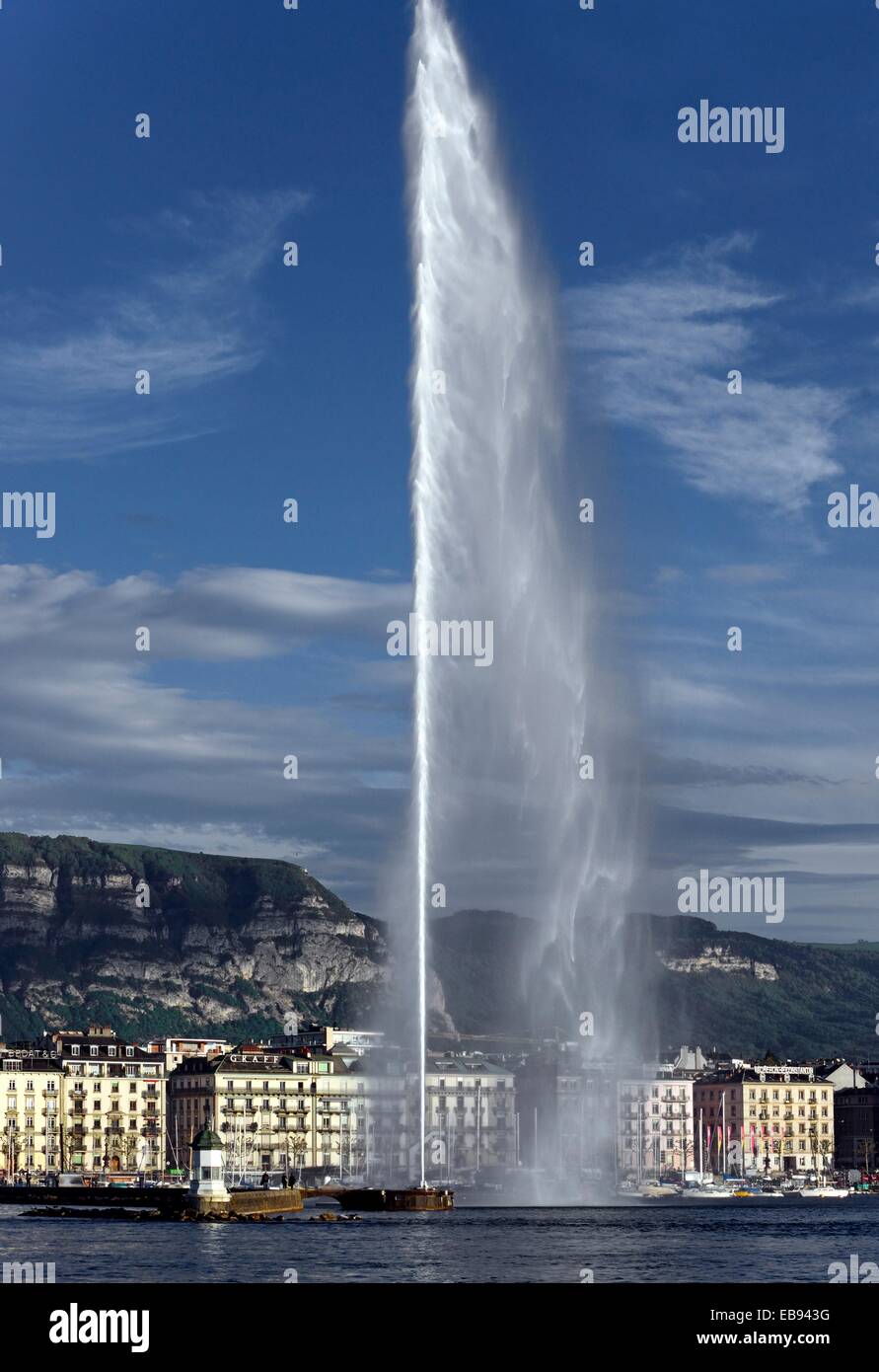 famous fountain Jet d´Eau on Geneva Lake, buildings of Geneva city and