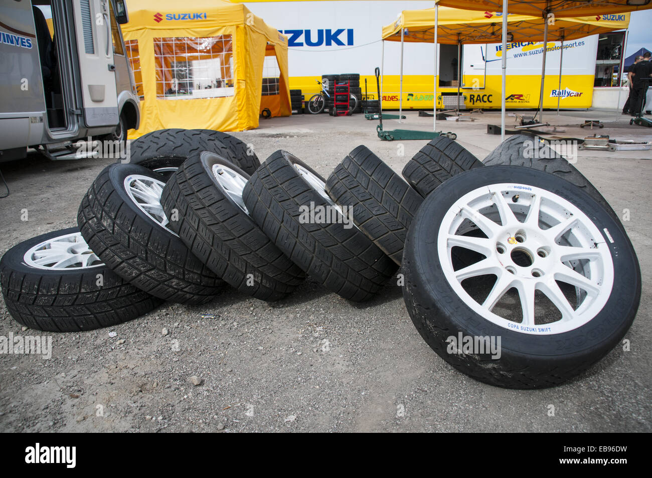 Competition tires for asphalt rally. Rally de Llanes. Asturias. Spain