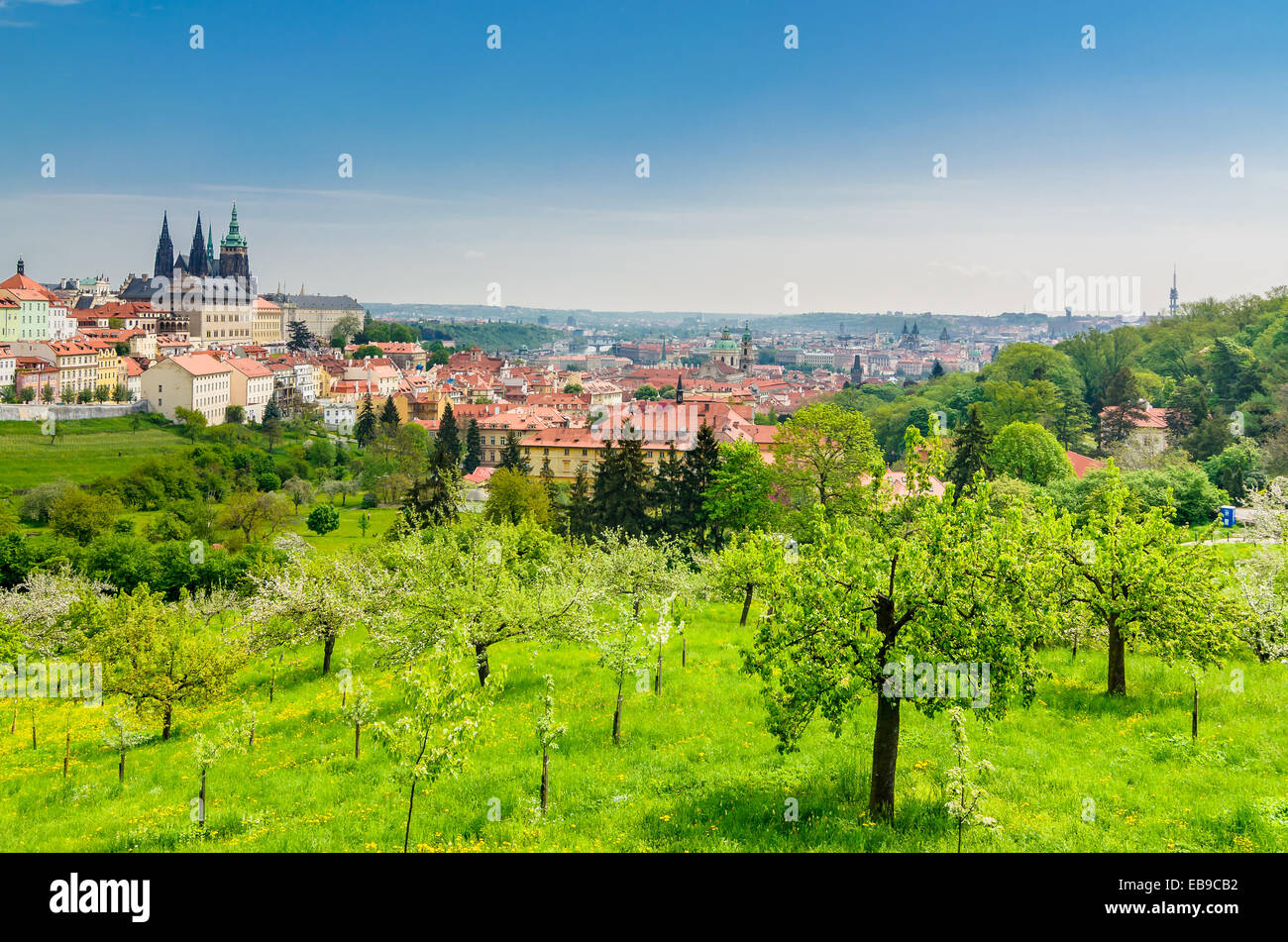 Panoramic view over the Praha with St. Vitus cathedral and Prague Castle, Czech Republic. Stock Photo