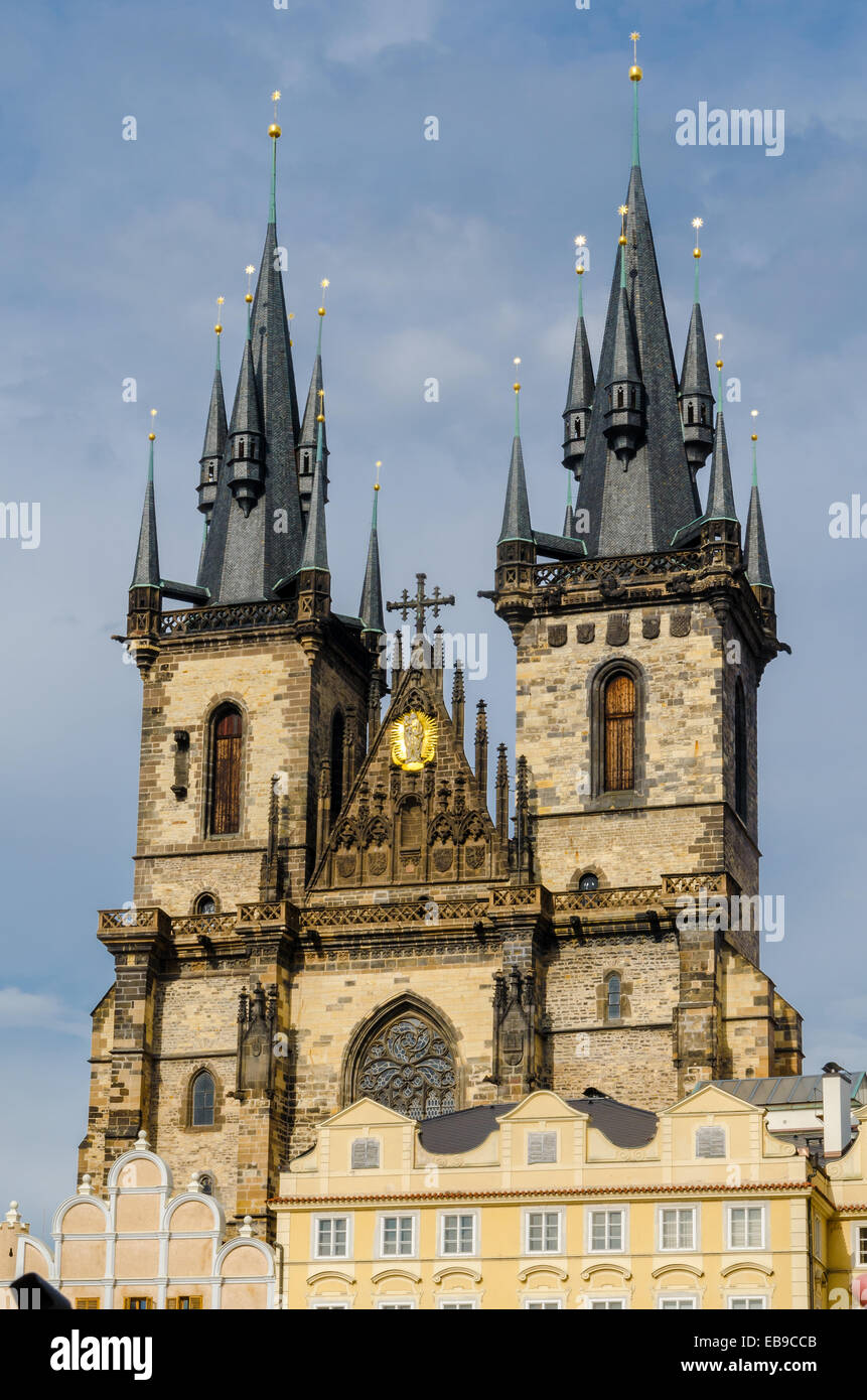 One of the Prague symbols, Church of Our Lady of Tyn, old gothic church in old town main square, Stare Mesto, Prague. Stock Photo
