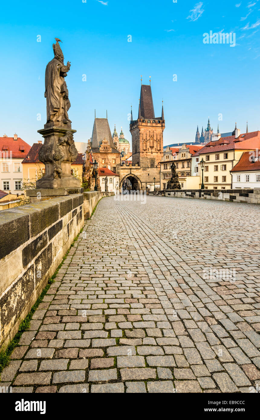 The Tower at the end of the Charles Bridge and Judith Tower, (one of the symbols of Prague). Stock Photo
