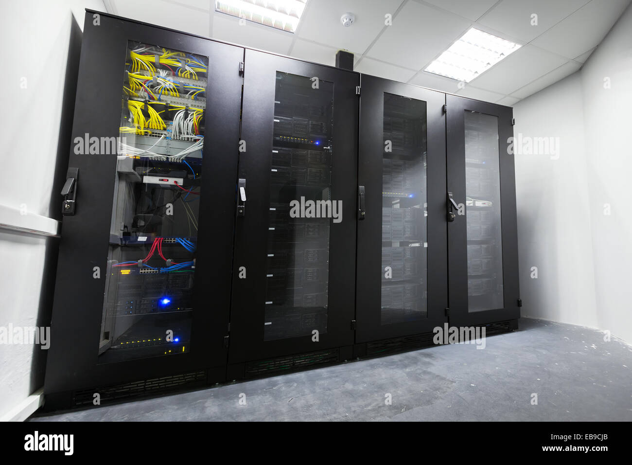 Modern server room interior with black metal computer Stock