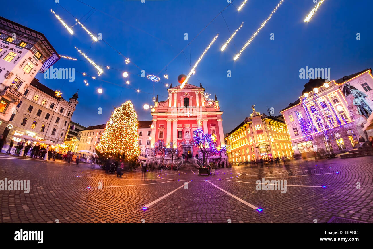 Romantic Ljubljana's city center  decorated for Christmas fairytale. Preseren's square, Ljubljana, Slovenia, Europe. Stock Photo