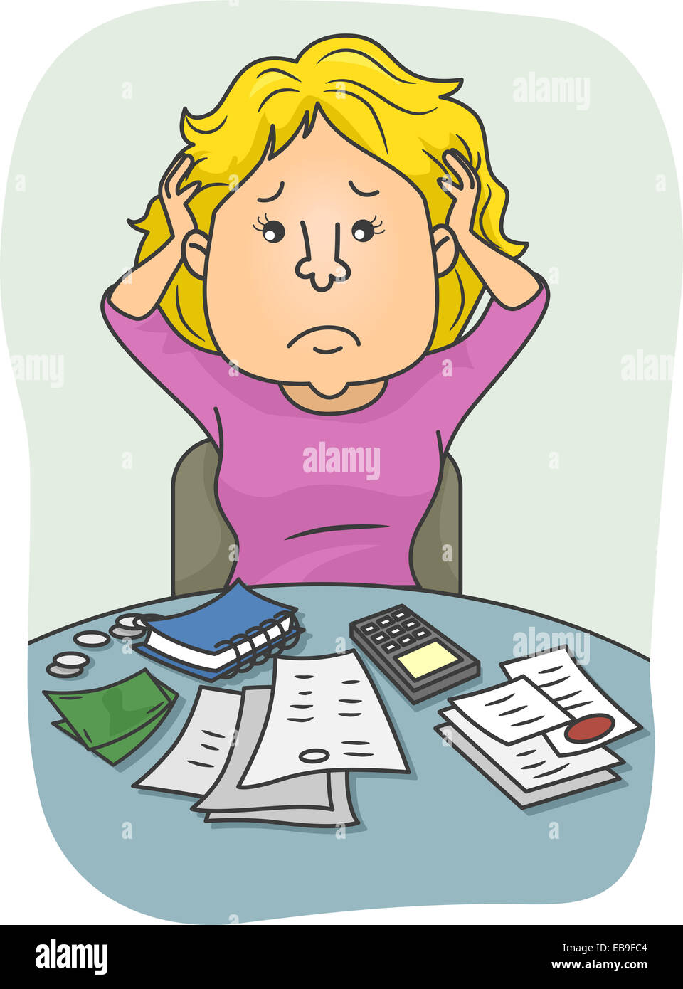 Illustration Featuring a Woman Confused Over Her Finances Stock Photo