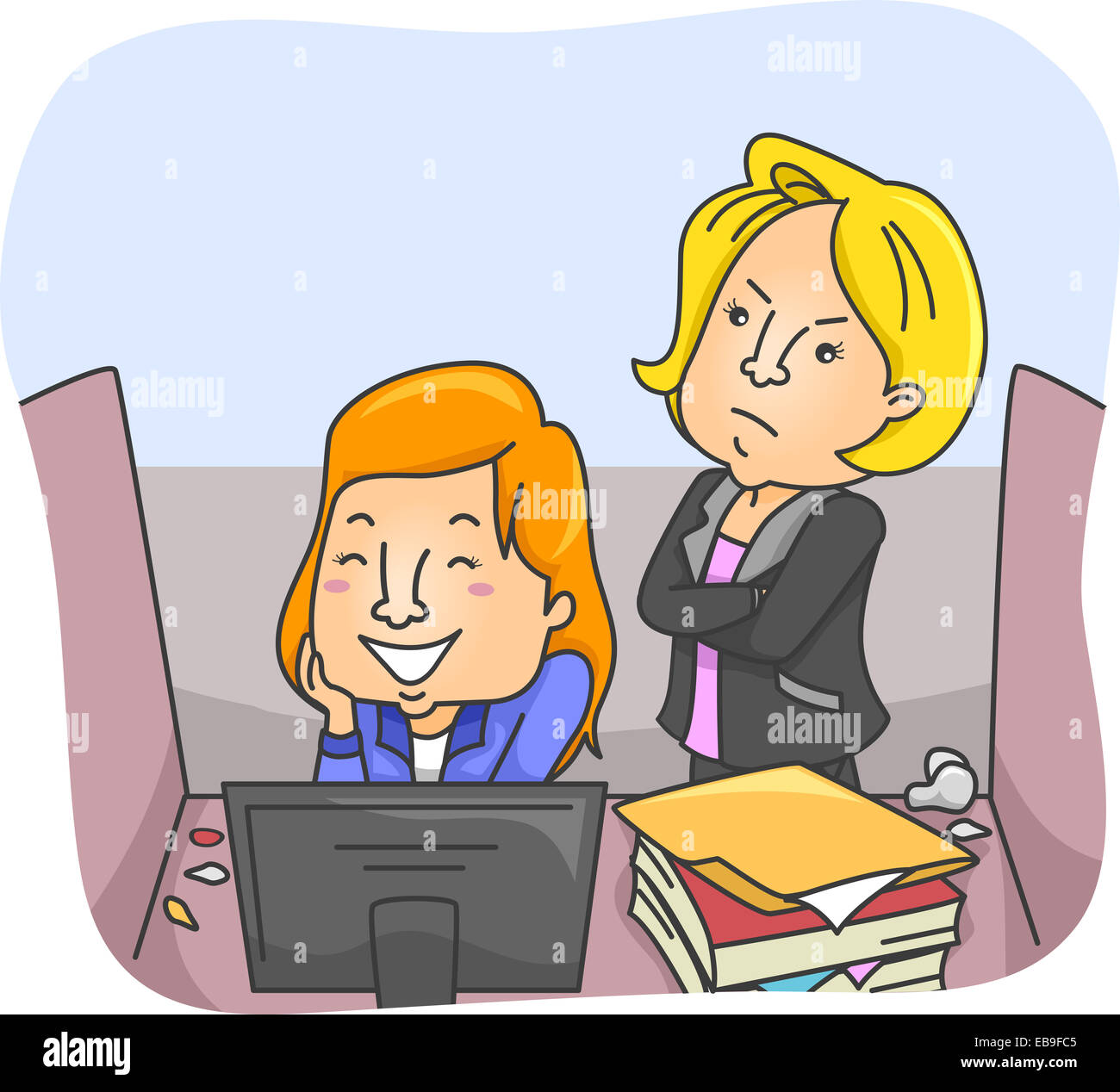 Illustration Featuring a Female Employee Caught by Her Boss Playing at Work Stock Photo