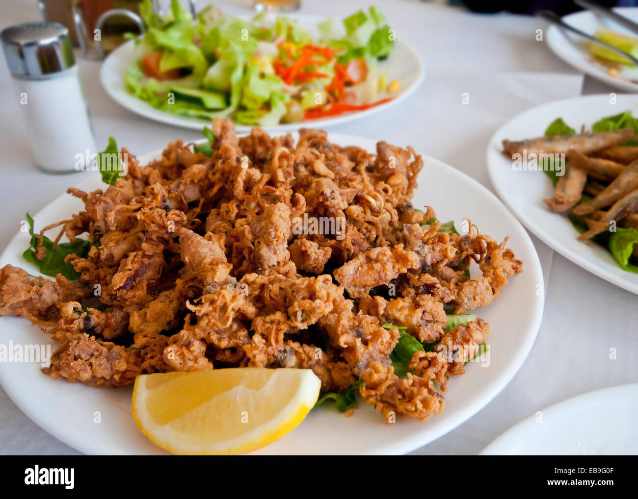 Spanish tapa of deep fried tiny squid, chopitos, garnished with a lemon slice. Salad and fried