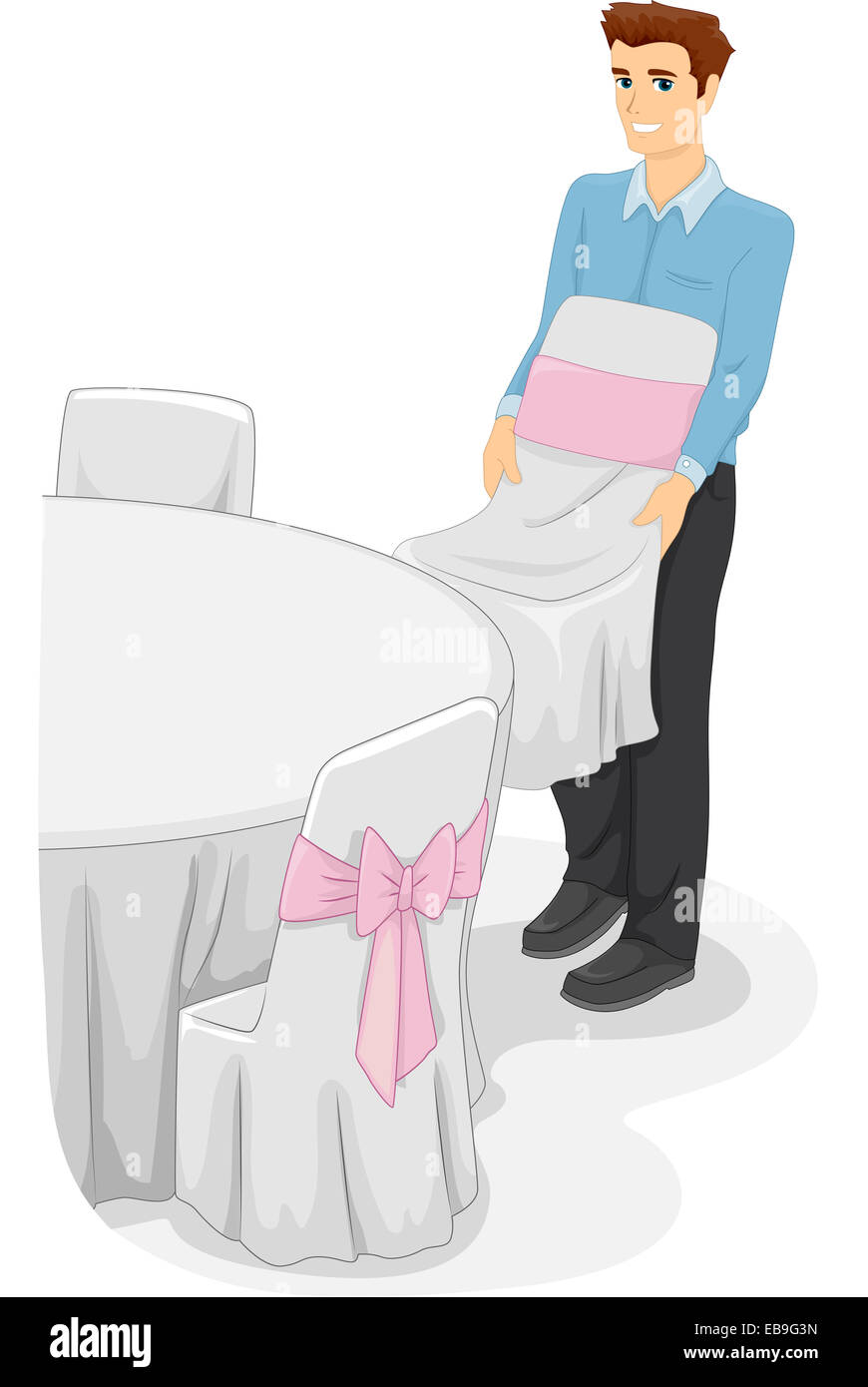 Illustration of a Man Arranging Tables and Chairs for an Event Stock Photo  - Alamy