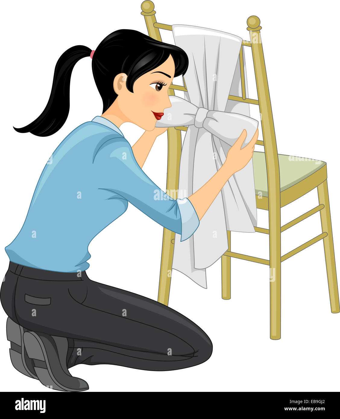 Illustration Featuring a Woman Tying a Ribbon to a Tiffany Chair Stock