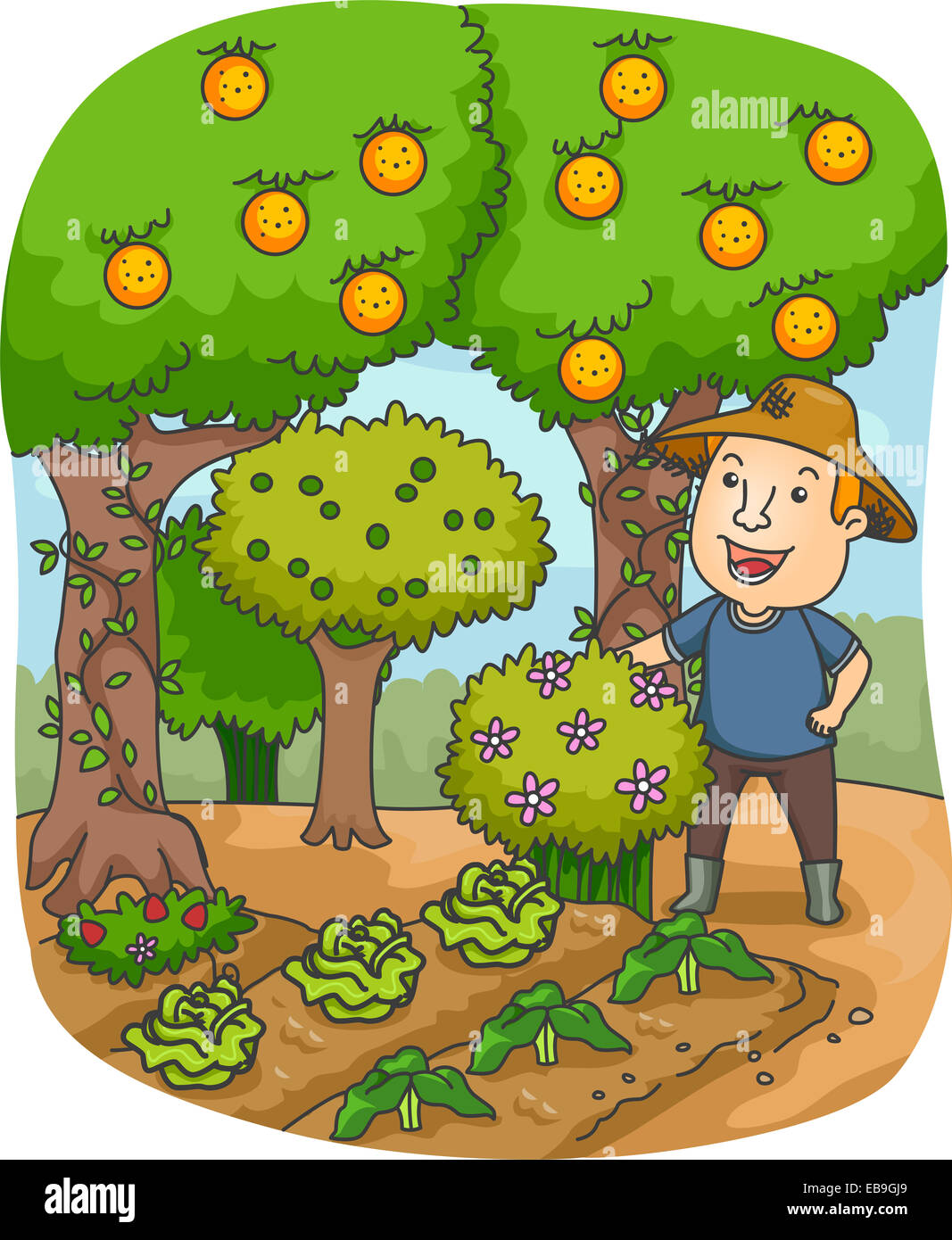 Illustration of a Farmer in an Orchard Gazing at His Crops Stock Photo ...