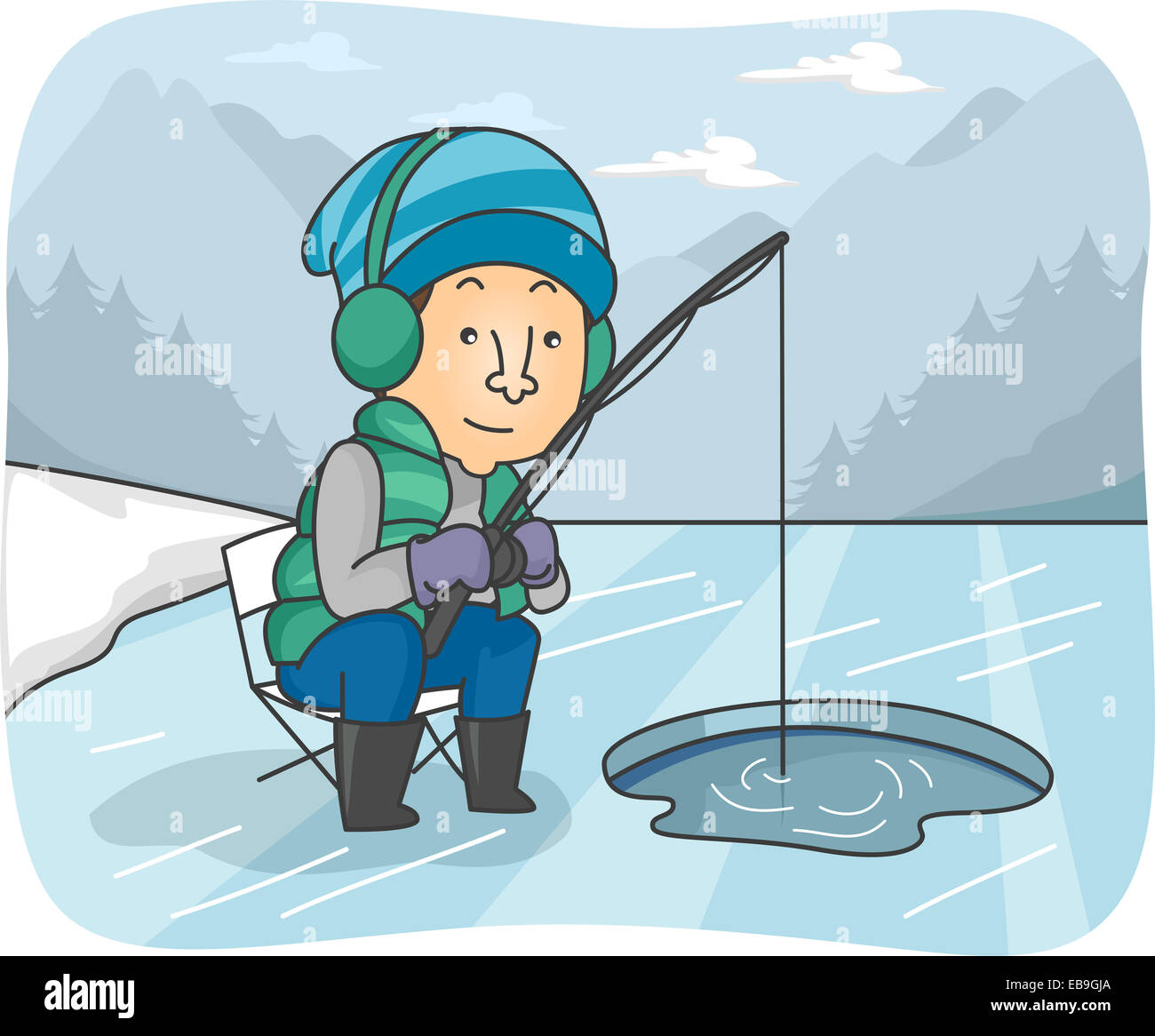 Illustration of a Man Fishing in a Frozen River Stock Photo