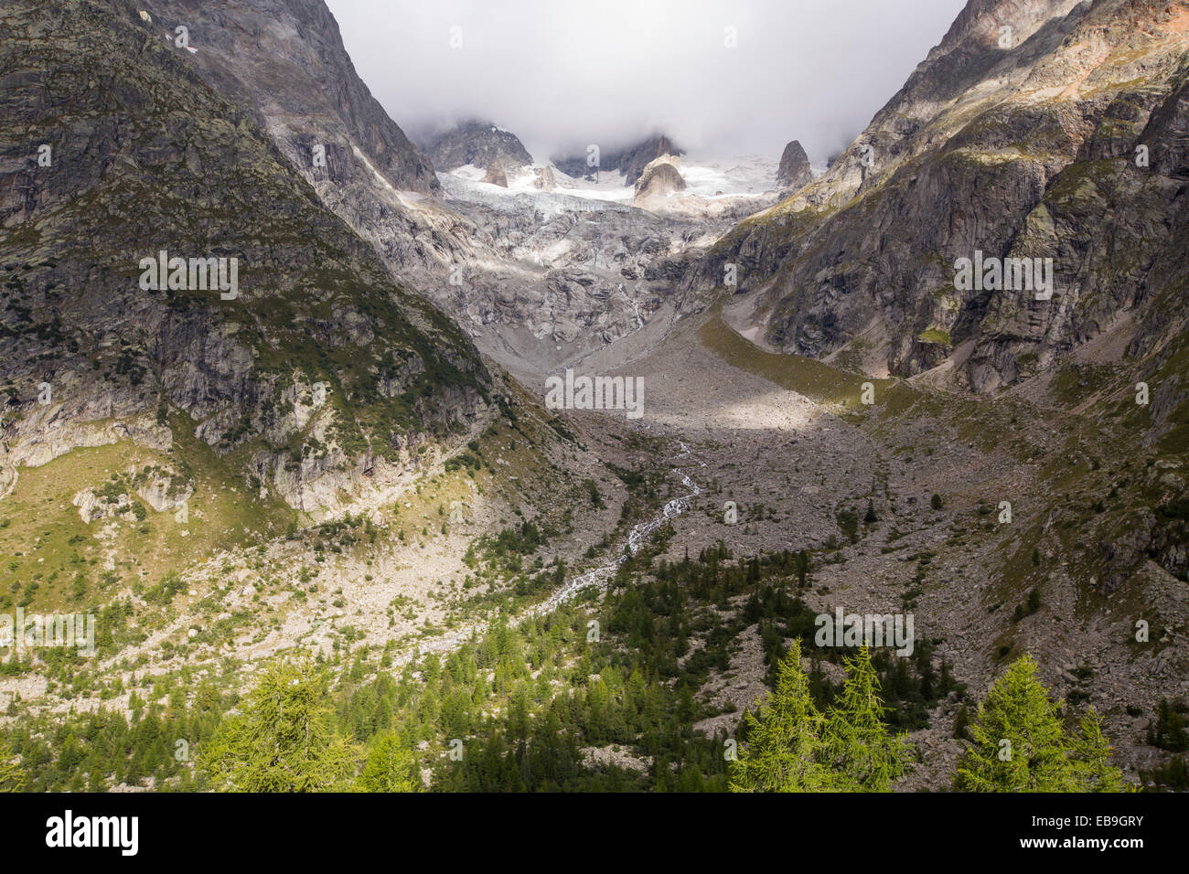 The rapidly receding Glacier de Triolet in the Mont Blanc range, Italy. Stock Photo