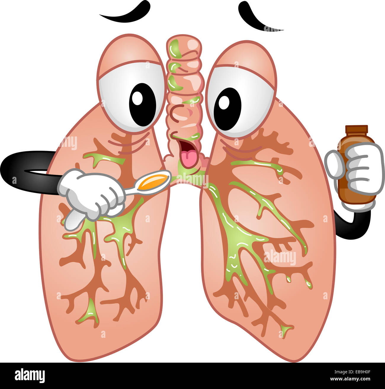 Mascot Illustration Featuring a Pair of Lungs Taking Cough Syrup Stock