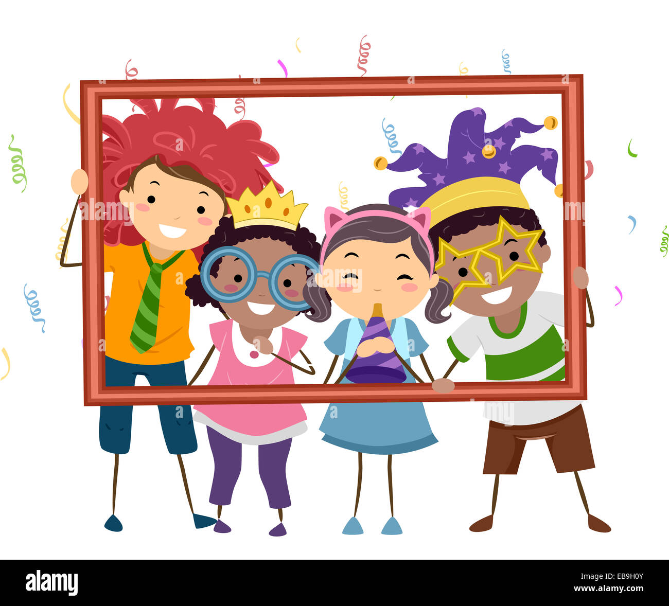 Illustration Featuring a Group of Kids Wearing Party Costumes Holding a Hollow Frame Stock Photo