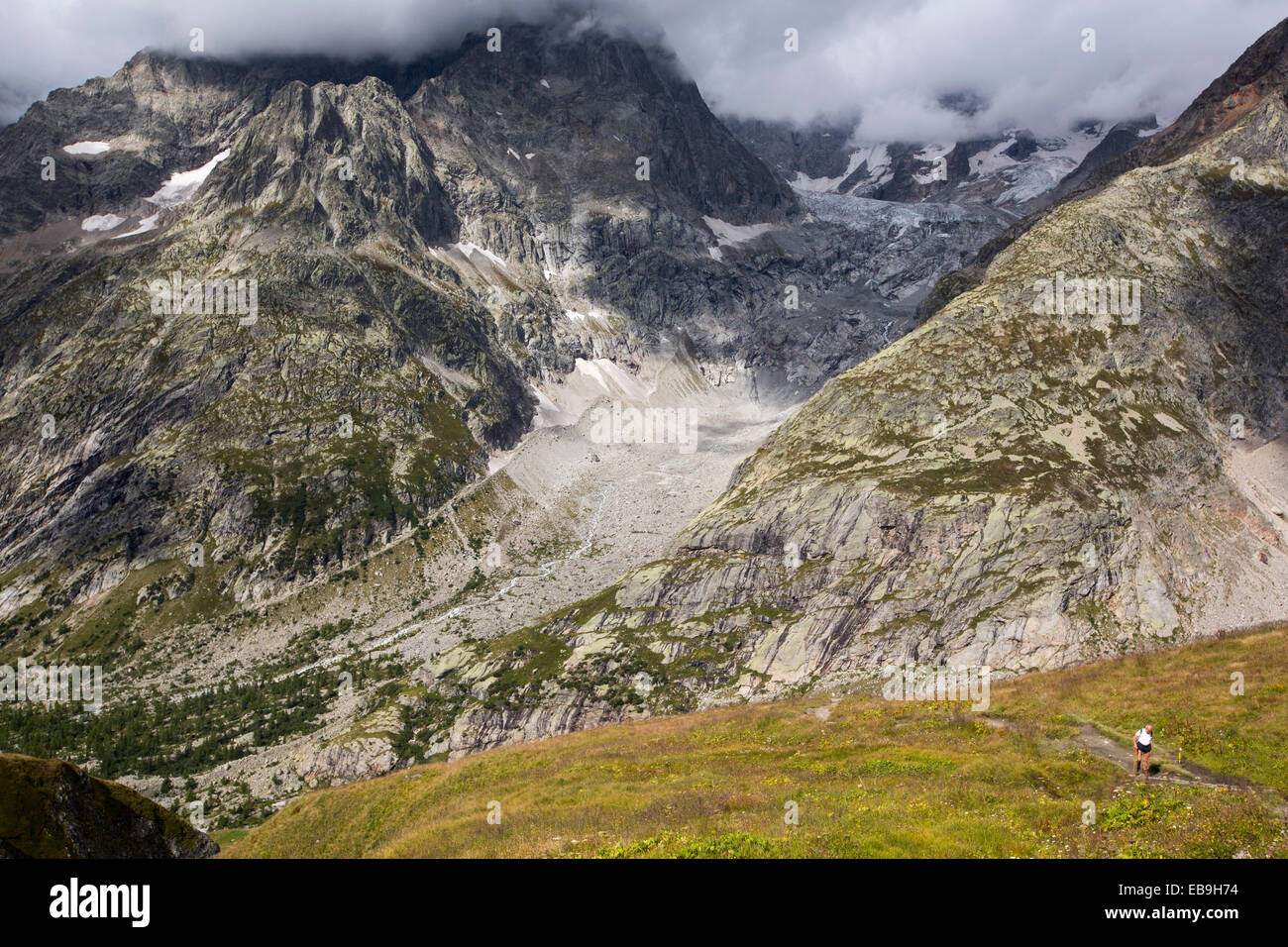 The rapidly receding Glacier de pre de Bar in the Mont Blanc range, Italy. Stock Photo