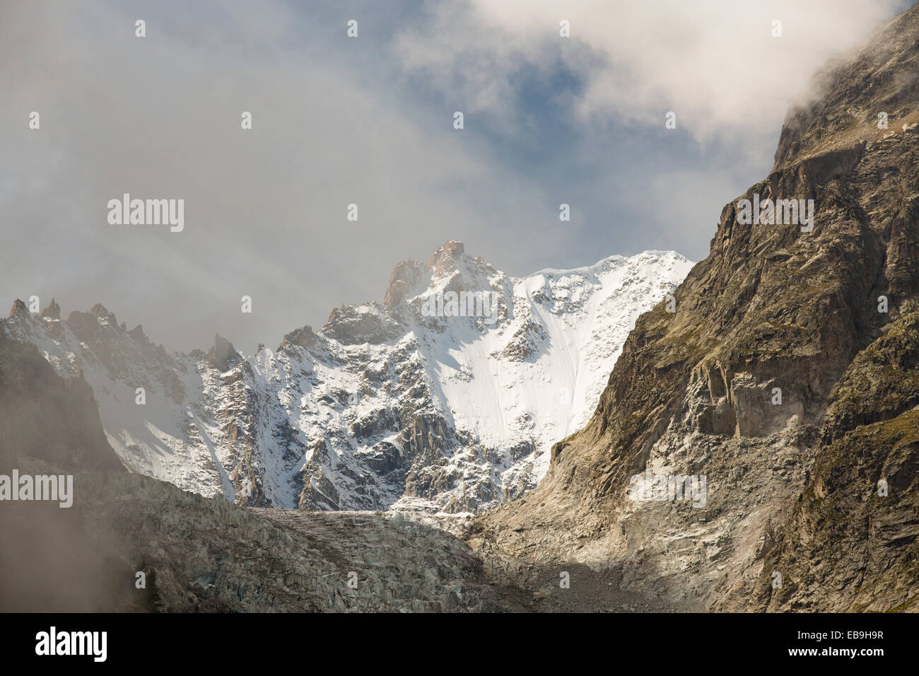The rapidly receding Glacier de Saleina, on the Aiguille du Chardonnet above Val Ferret in the Swiss Alps. Stock Photo