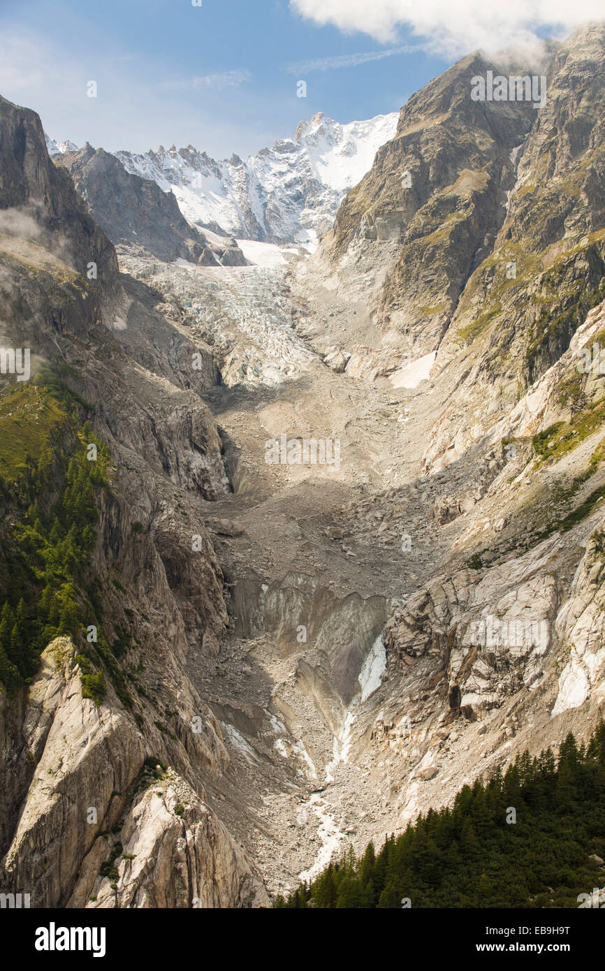 The rapidly receding Glacier de Saleina, on the Aiguille du Chardonnet above Val Ferret in the Swiss Alps. Stock Photo