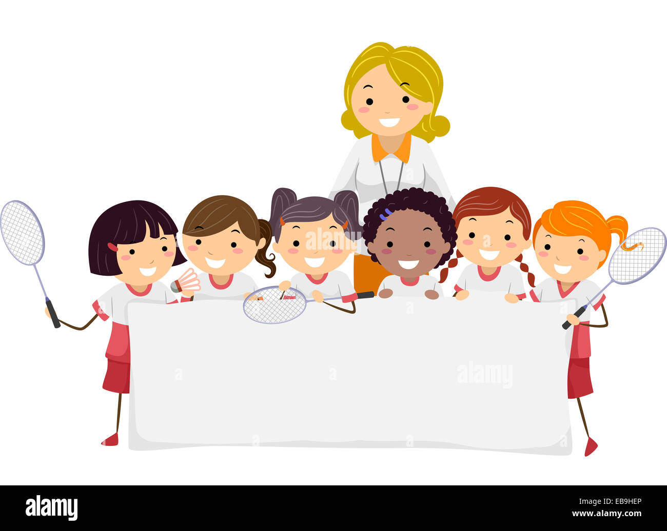 Illustration Featuring a Group of Young Badminton Players Holding a Blank Banner Stock Photo