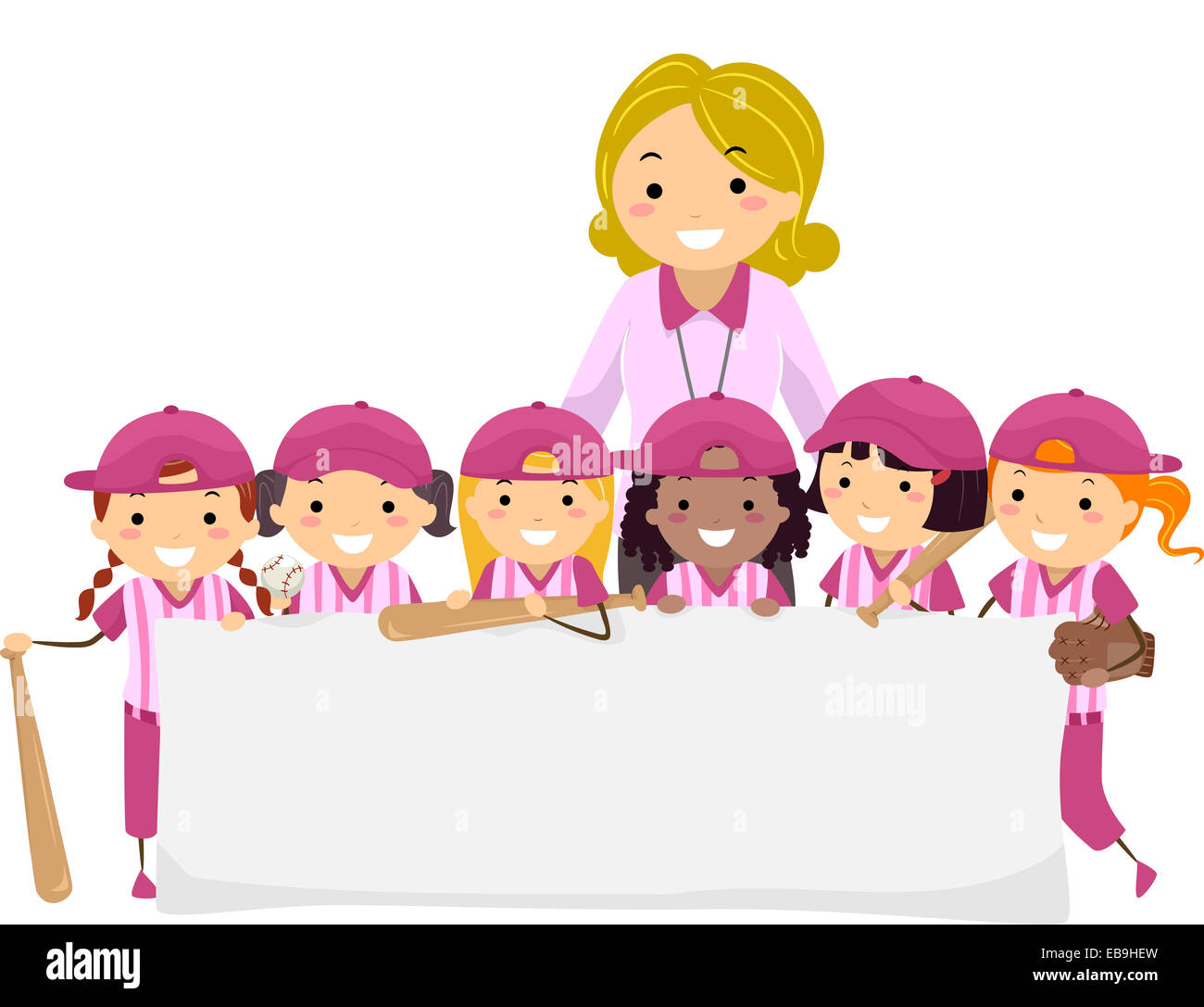 Illustration Featuring a Group of Young Female Baseball Players Holding a Blank Banner Stock Photo