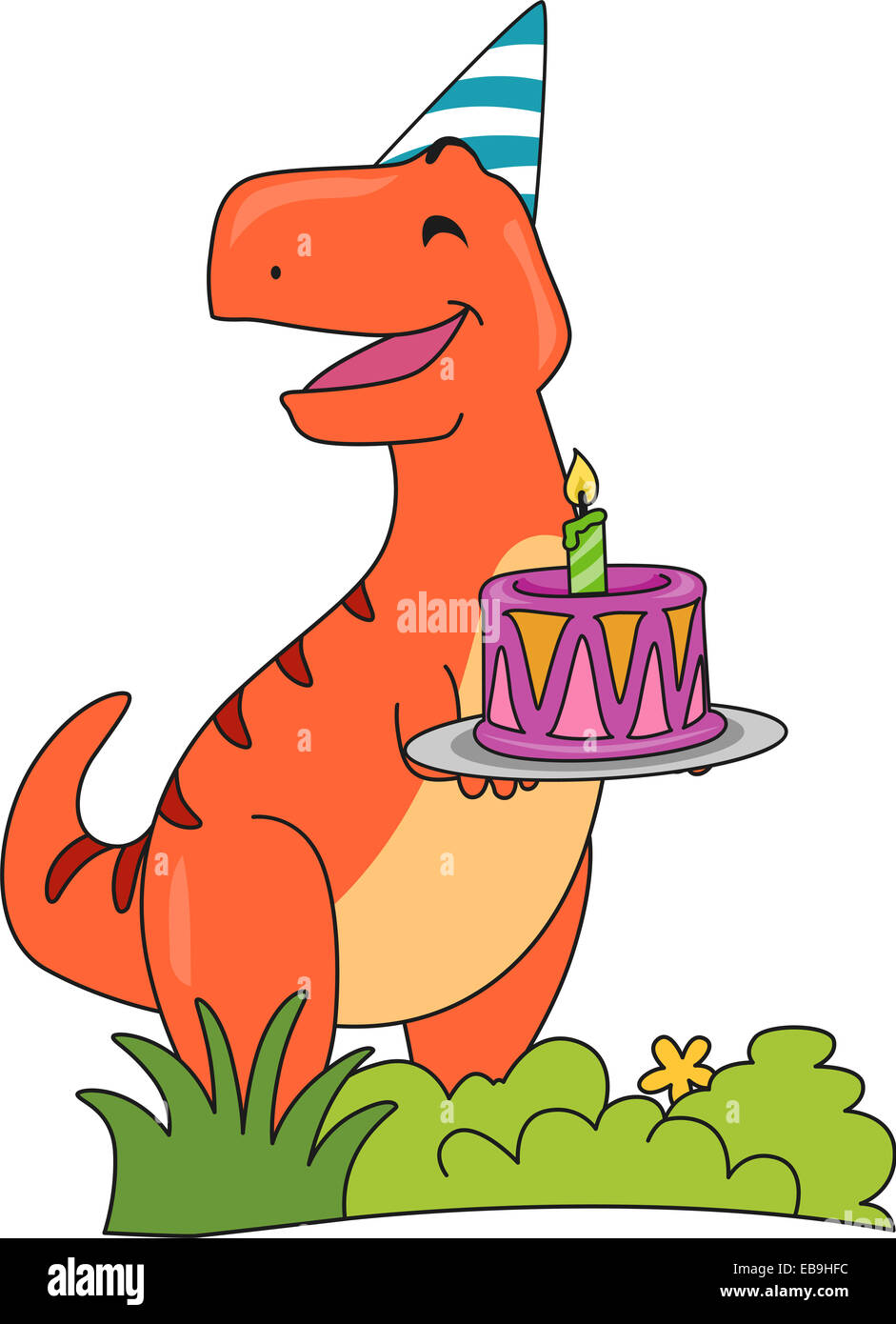 Illustration Featuring a Happy T-Rex Holding a Birthday Cake Stock Photo