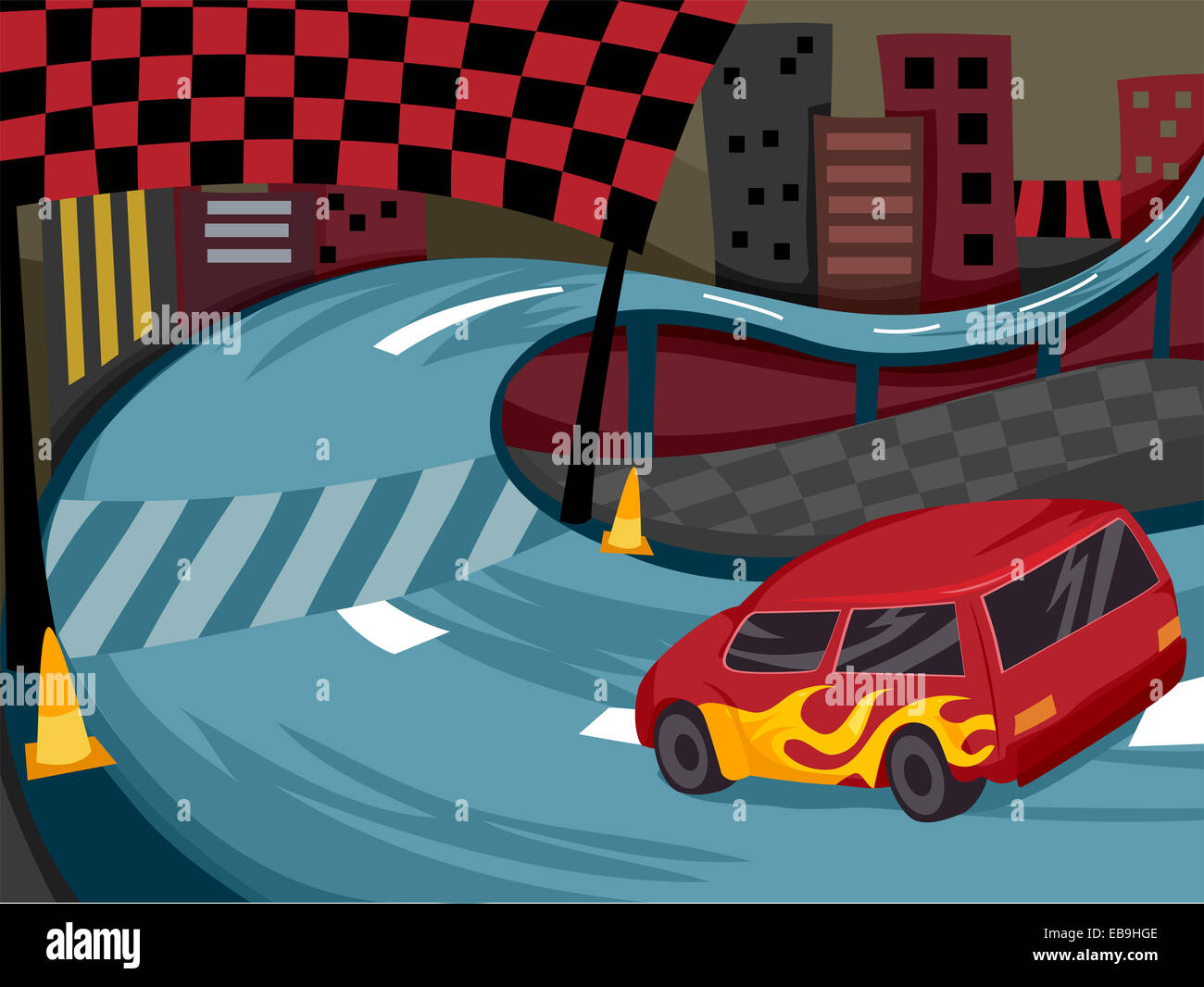 Illustration Featuring a Race Car Racing Down a Race Track Stock Photo