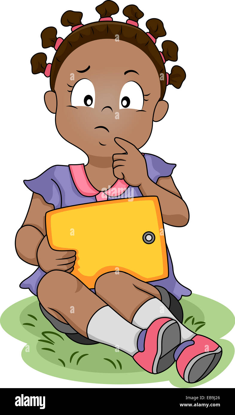 Illustration of a Girl Thinking While Holding a Computer Tablet Stock Photo