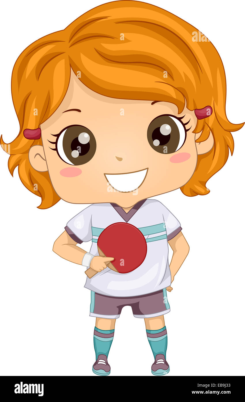 anime girl holding a ping pong paddle in front of a table