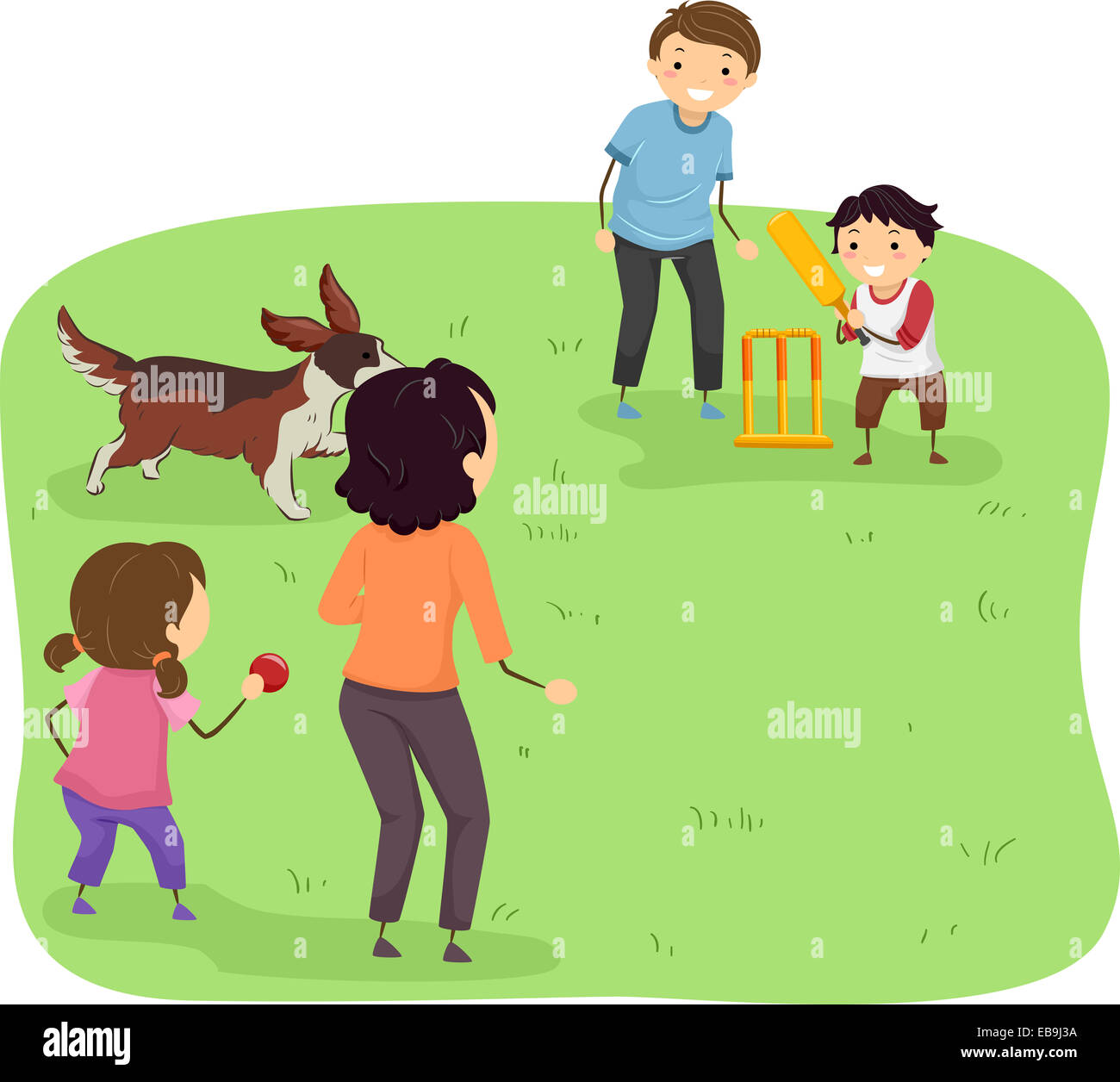 Illustration Featuring a Family Playing Cricket at a Park Stock Photo -  Alamy
