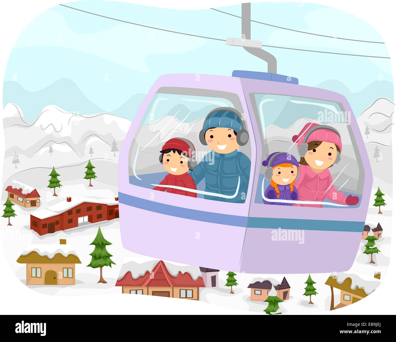 Illustration Featuring a Family in a Cable Car Checking Out the Snowy  Slopes Below Stock Photo - Alamy