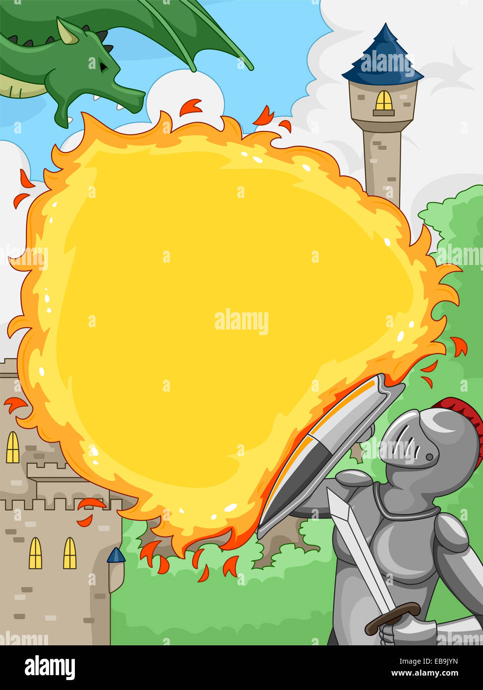 Illustration Featuring a Knight Shielding Himself Against a Dragon's Fiery Attack Stock Photo