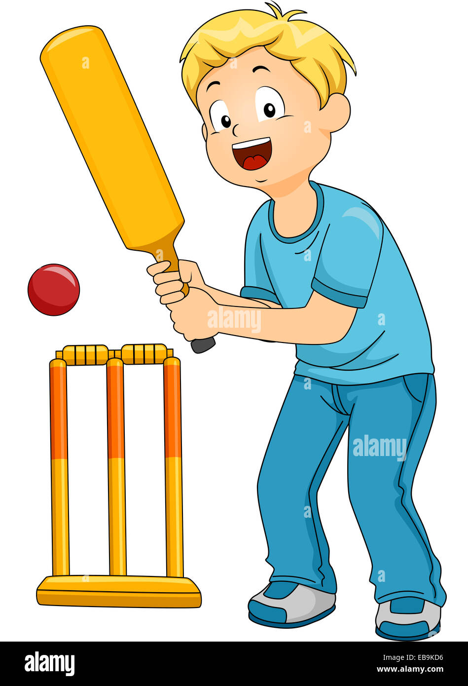 Illustration of a Boy Playing Cricket Stock Photo - Alamy