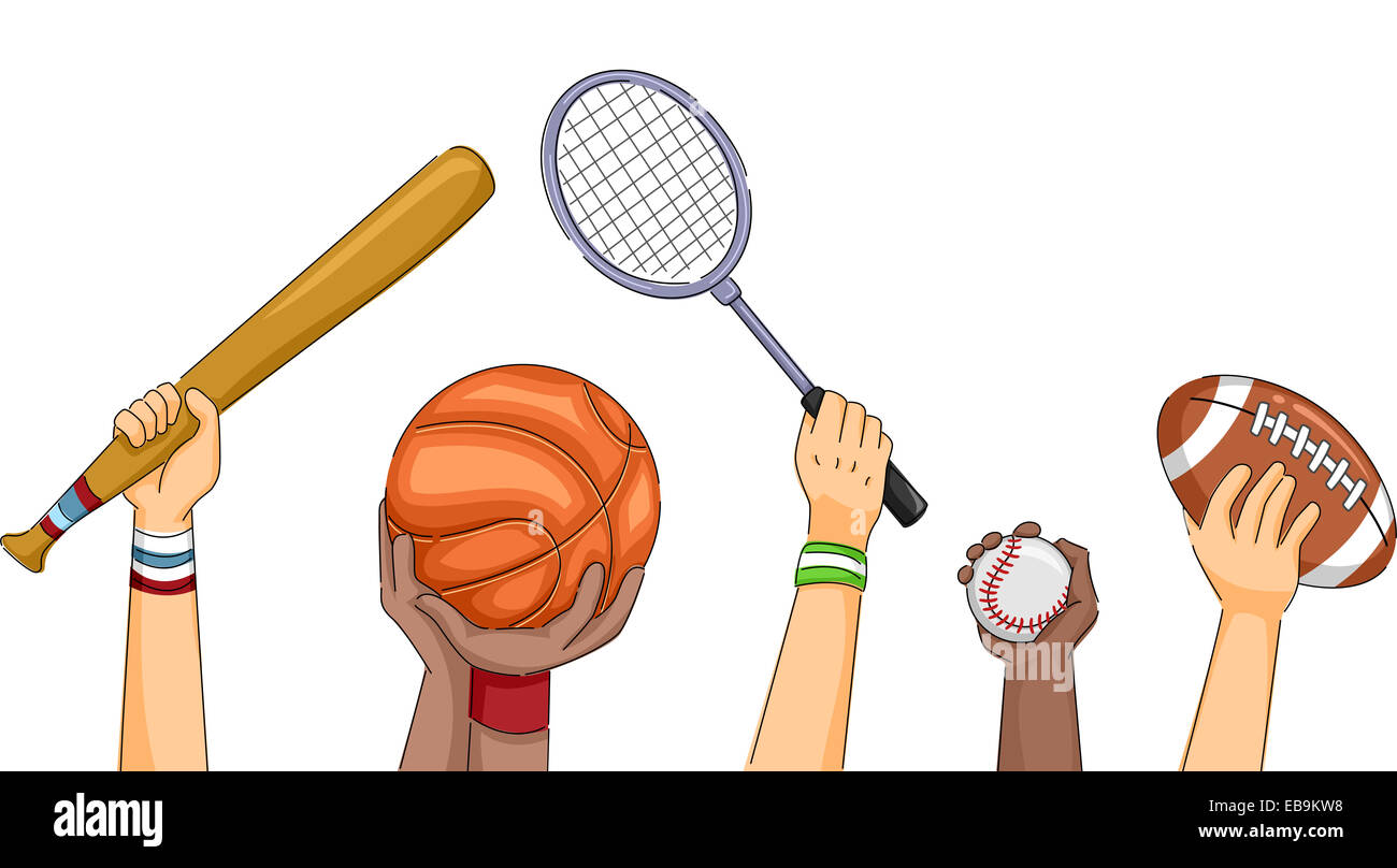 Cropped Illustration Featuring Hands Holding Different Sports Equipment