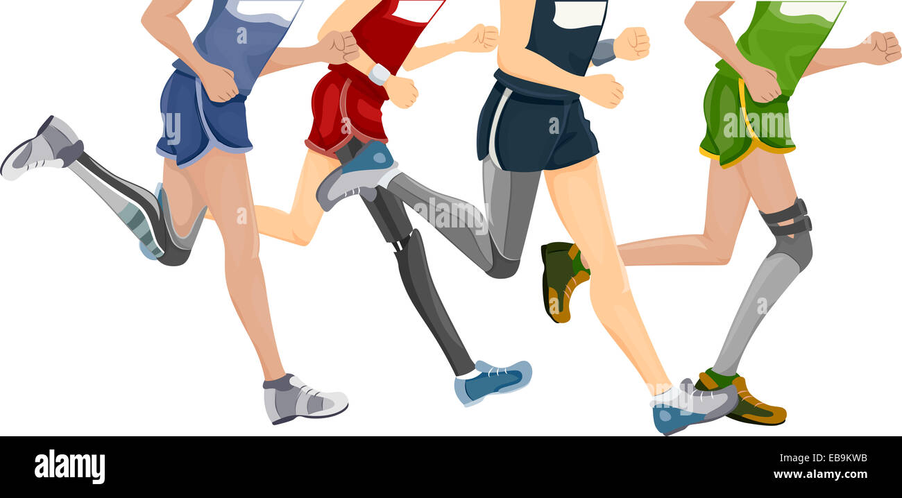 Cropped Illustration Featuring Runners Wearing Prosthetic Legs Stock Photo