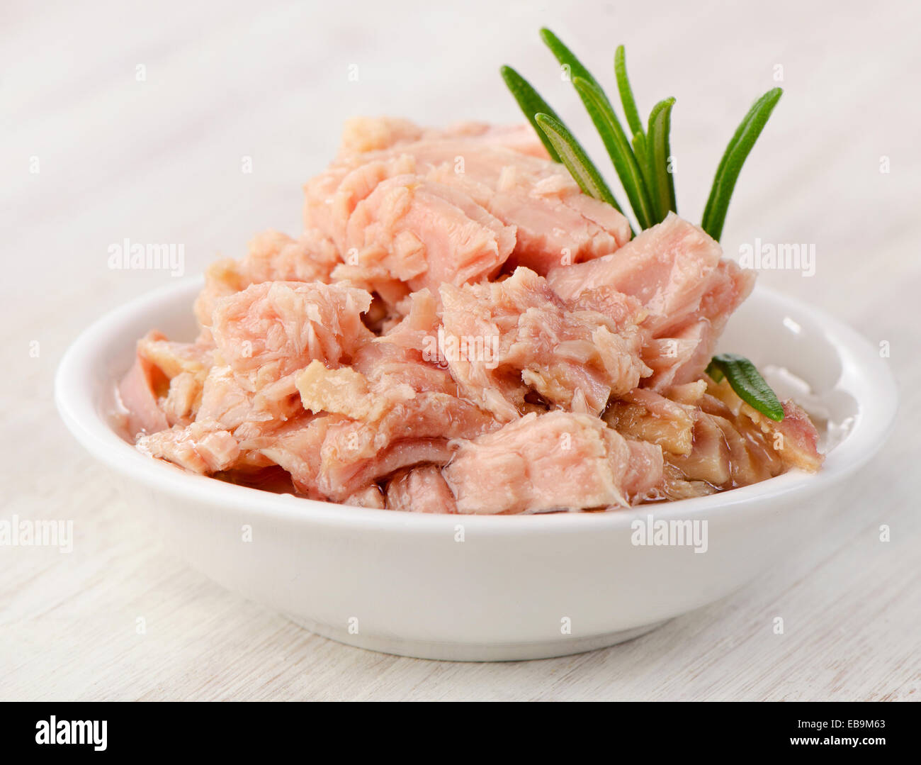 Canned tuna fish in white bowl . Selective focus Stock Photo Alamy