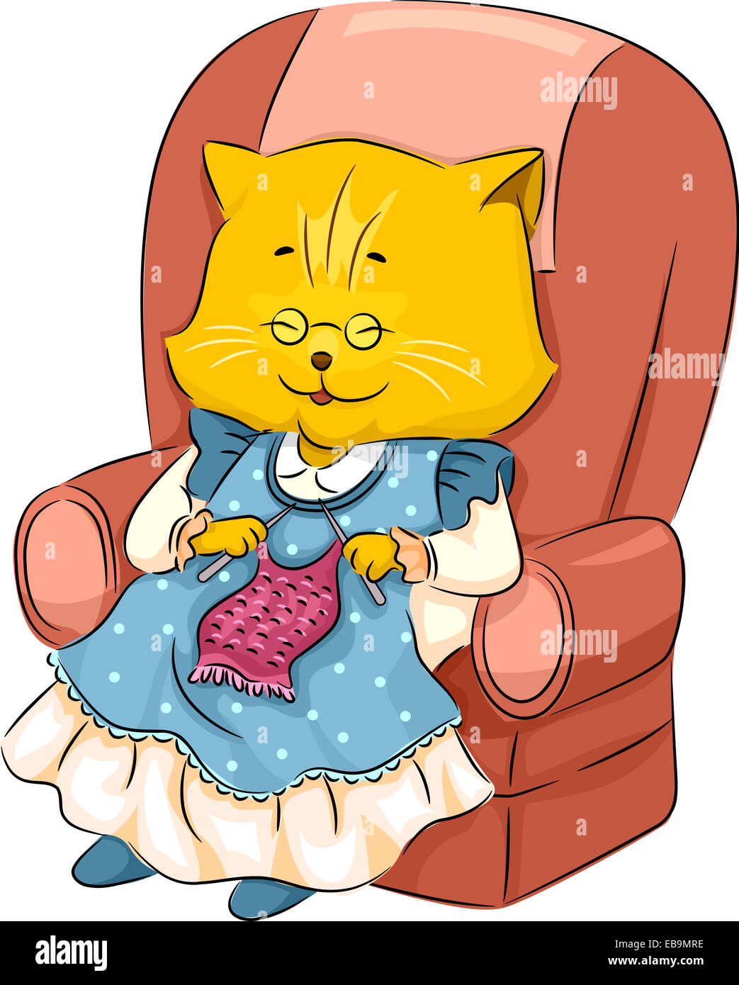 Illustration Featuring a Granny Cat Knitting Stock Photo
