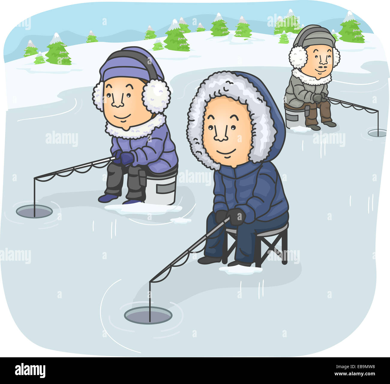 Illustration Featuring a Group of Men Ice Fishing Stock Photo - Alamy