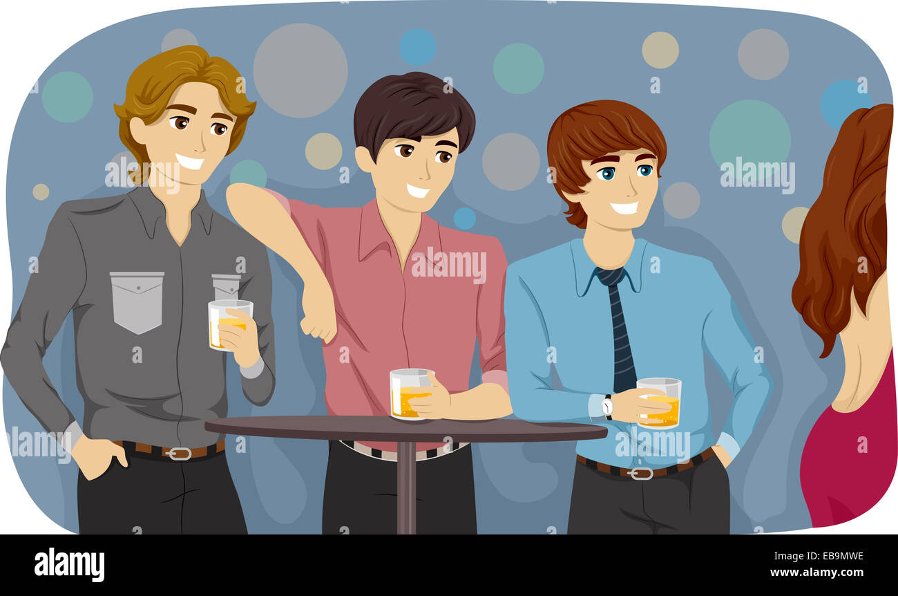 Illustration Featuring Guys Checking Out a Girl in a Bar Stock Photo