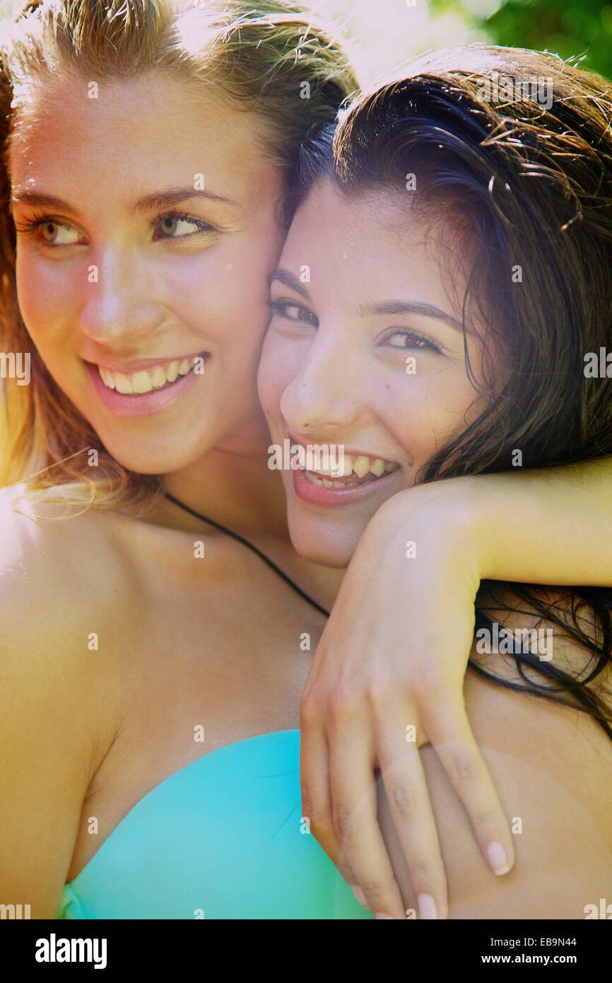 Close up of Two Young Women Smiling Stock Photo