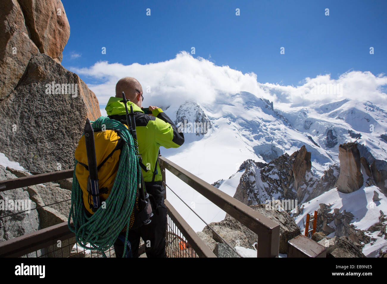 A climber on the Aiguille Du Midi above Chamonix, France. Stock Photo