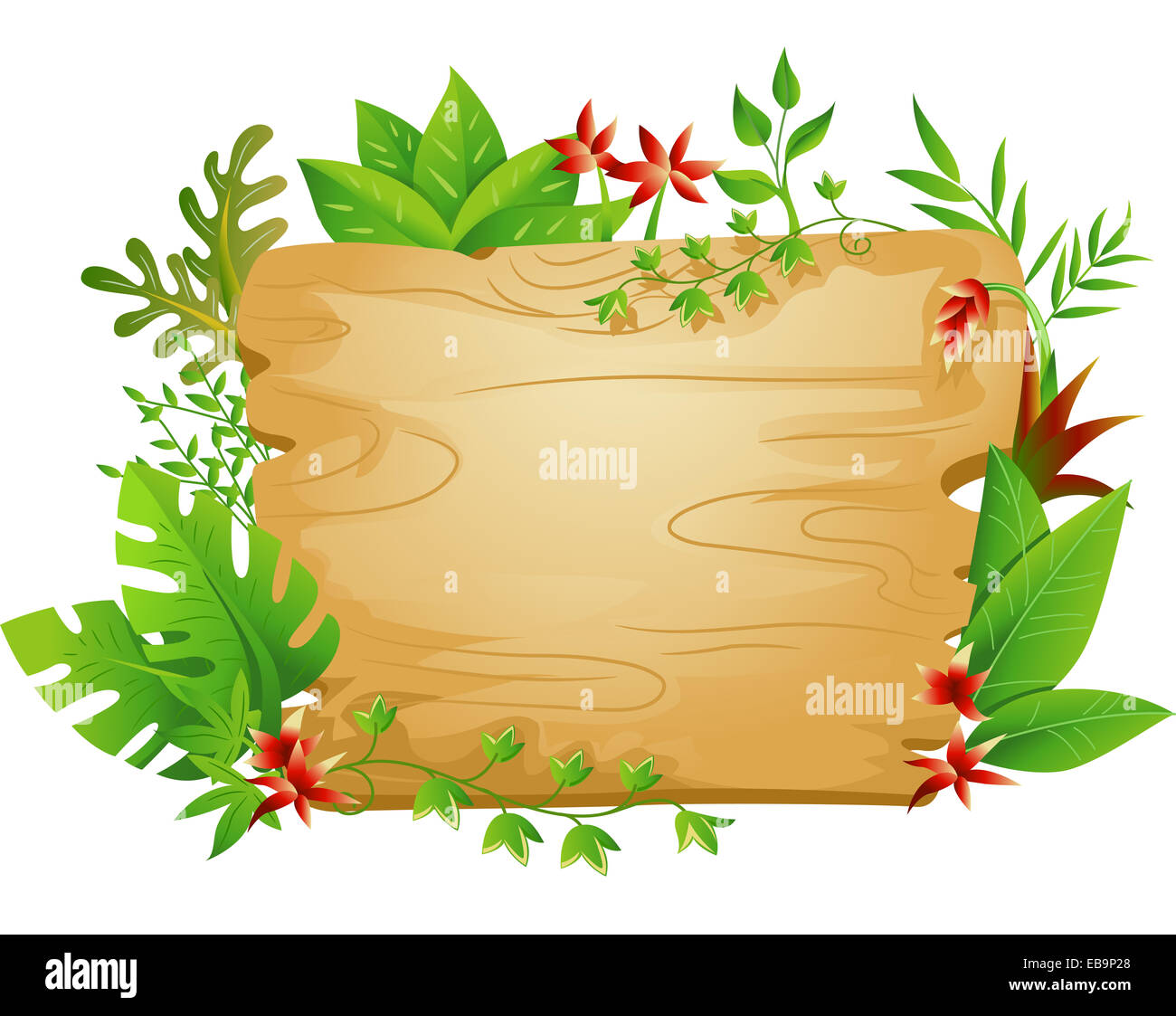 Border Illustration Featuring a Blank Board Surrounded by Jungle Plants Stock Photo