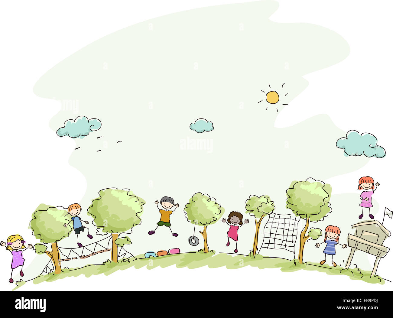 Illustration Featuring Kids Playing in a Summer Camp Stock Photo
