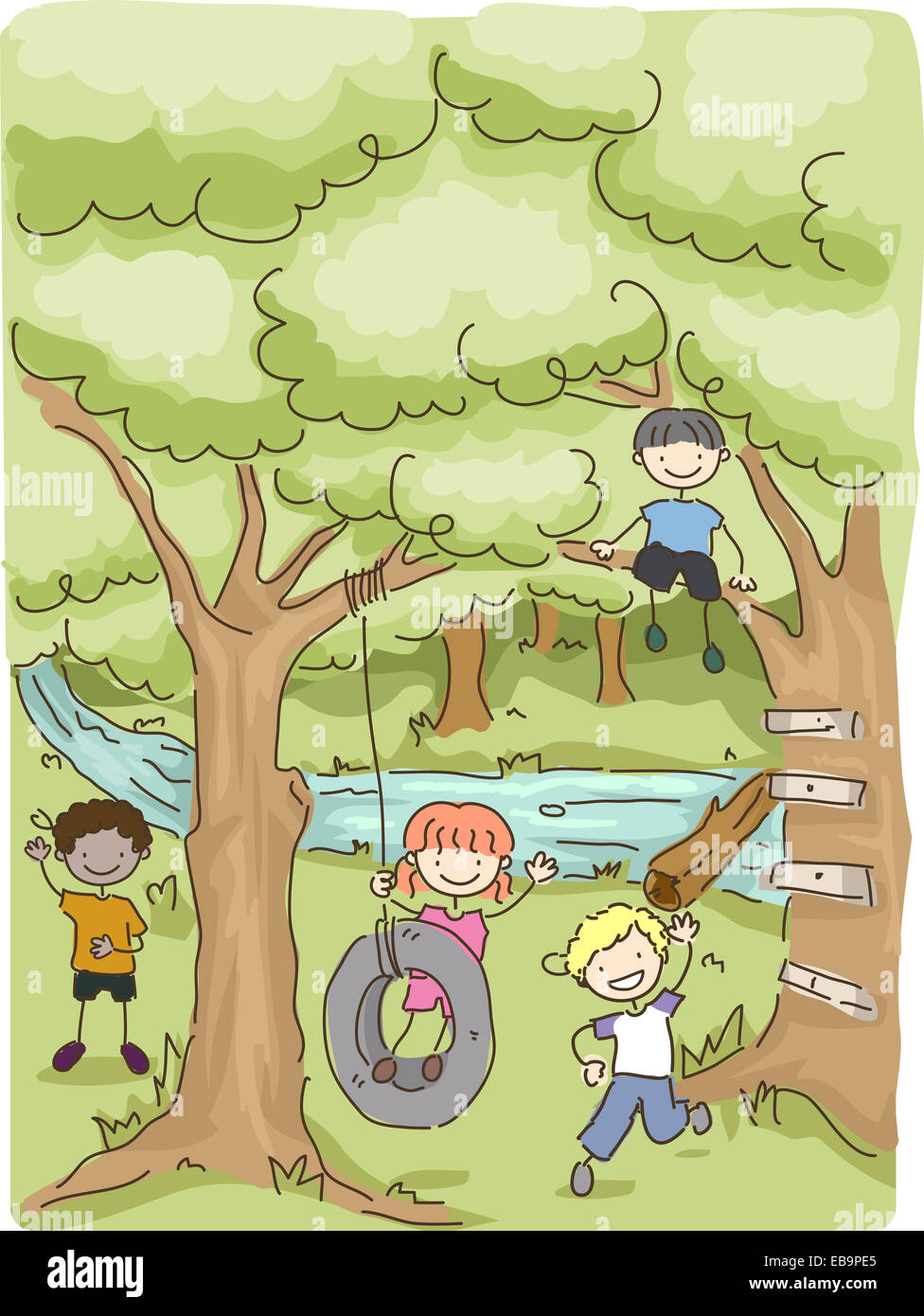 Illustration Featuring Kids Playing in the Woods Stock Photo - Alamy