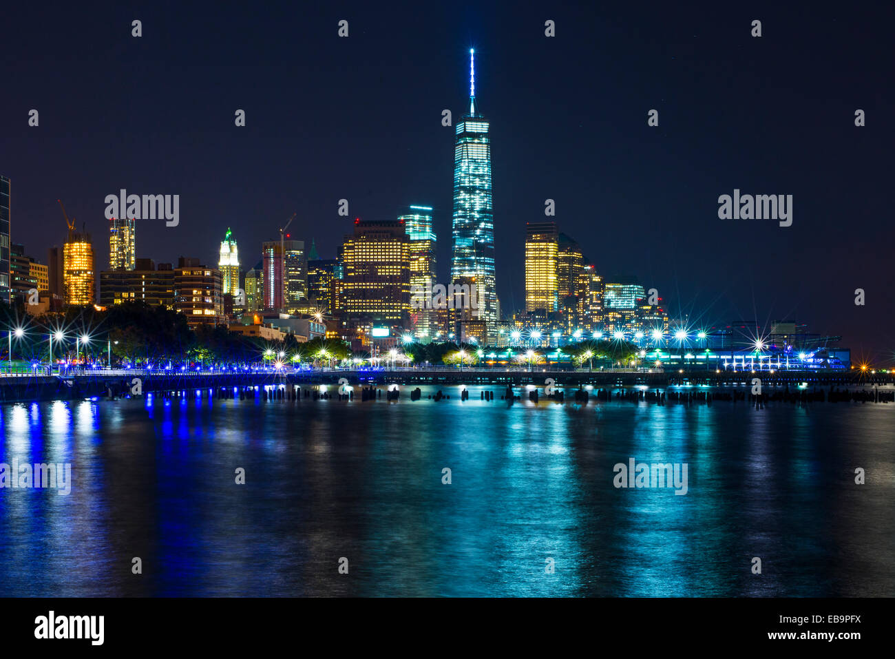 Skyline at Night, Downtown, Manhattan, New York, United States Stock Photo