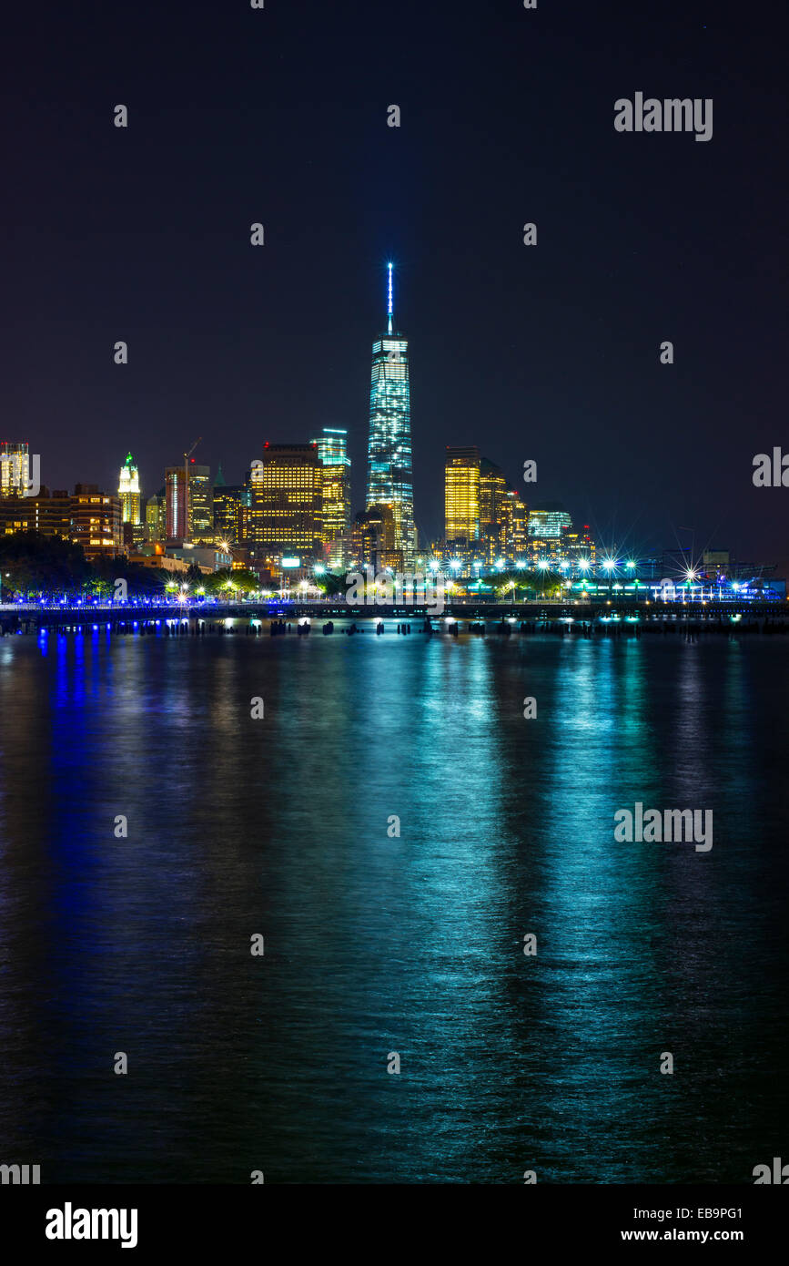 Skyline at night, Downtown, Manhattan, New York, United States Stock Photo