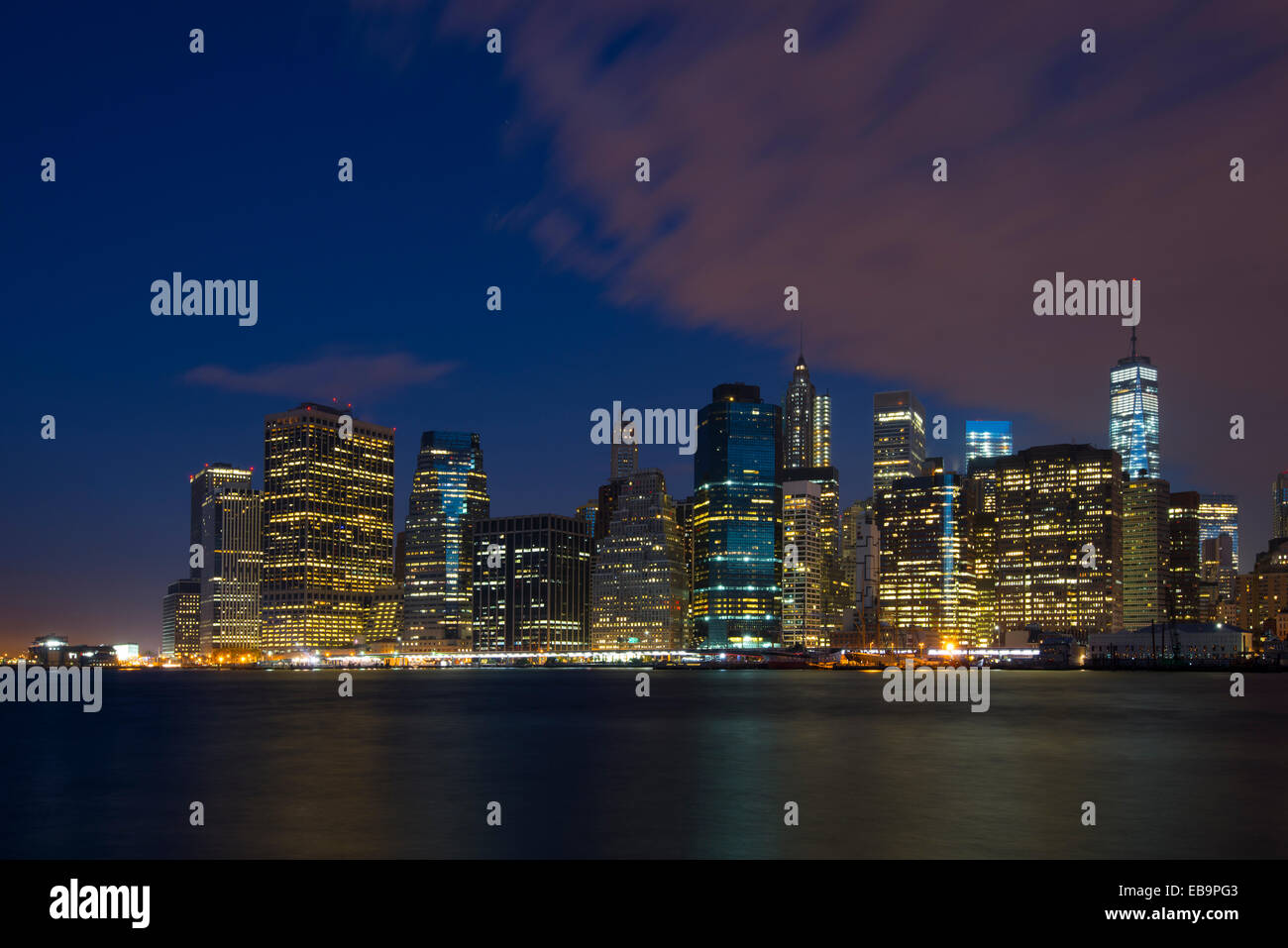 Skyline at night, Downtown, Manhattan, New York, United States Stock Photo