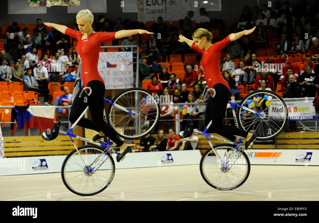 Nadine Morth (left) and Katharina Kuhne of Austria pictured after the Artistic Cycling Pairs Women final at the Indoor Cycling Stock Photo